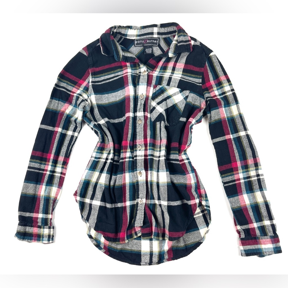 Women’s Polly & Esther Distressed Black Long Sleeve Button Down Flannel Shirt